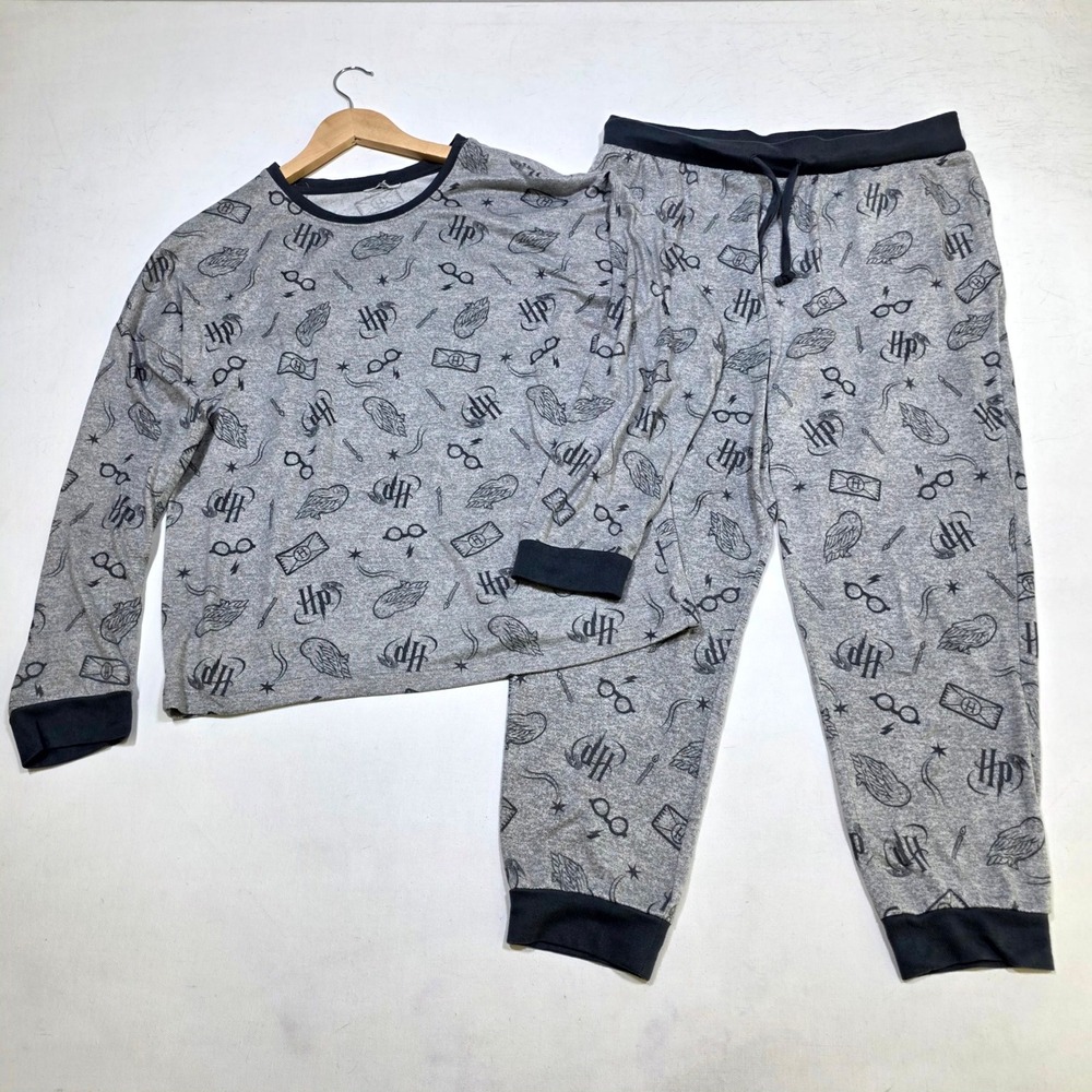 Harry Potter Pajama Set Womens Large Gray HP Logo Hedwig Sleepwear Jogger